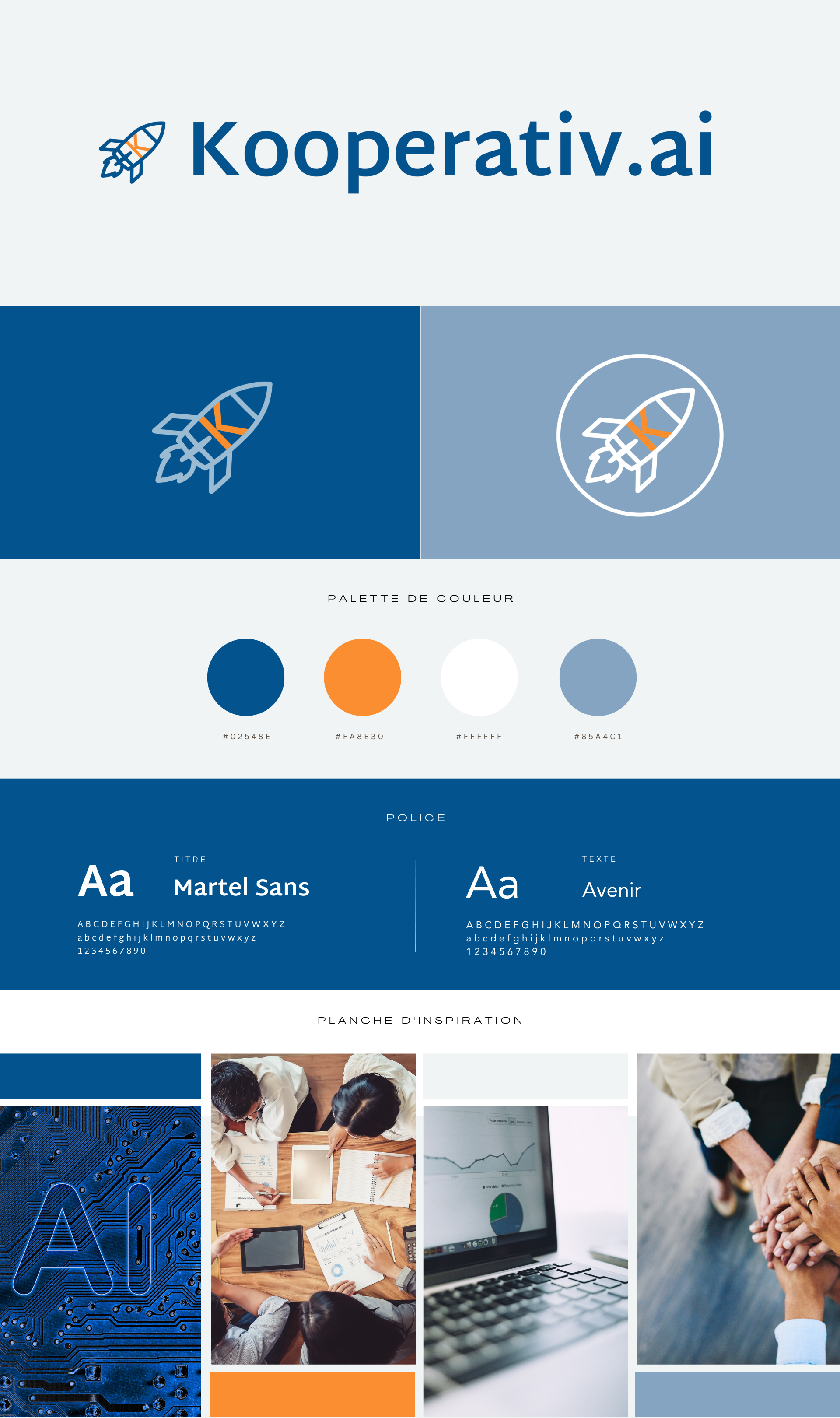 Charte graphique Kooperativ.ai : logo fusée, palette bleue et orange, typographies et planche d’inspiration